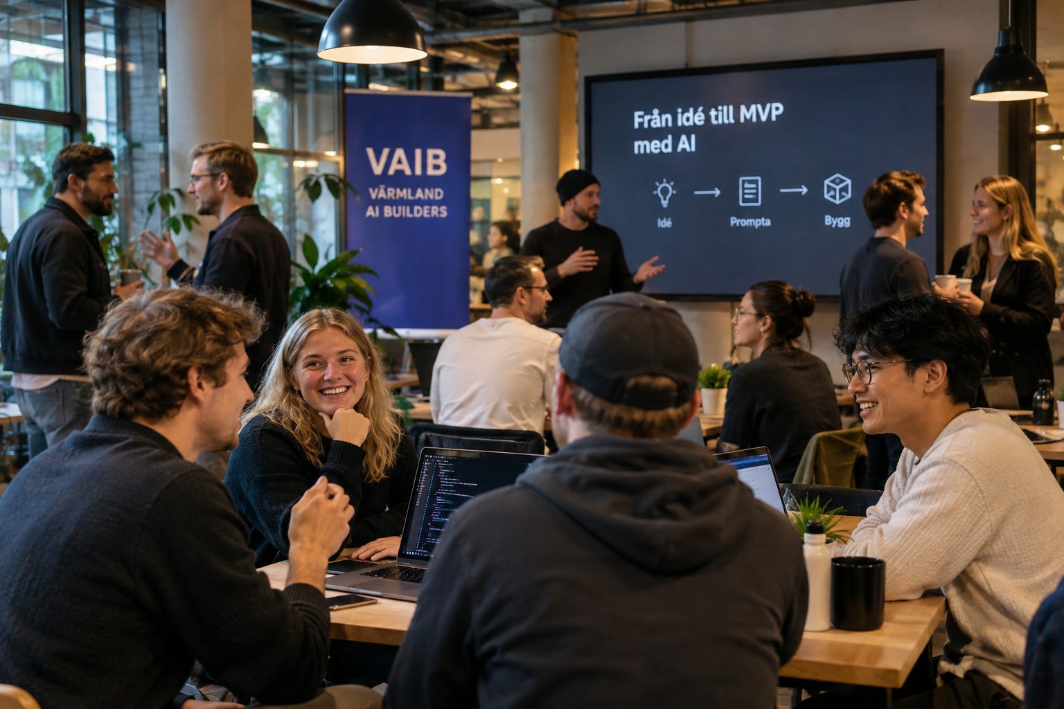 En VAIB-träff: folk sitter vid laptops och pratar medan någon presenterar Från idé till MVP med AI på en storskärm.